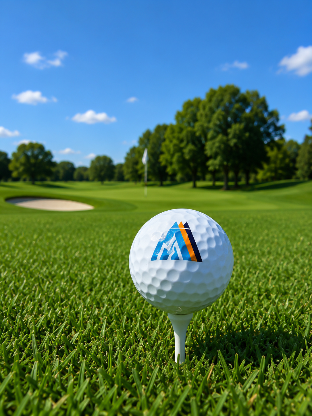 Golf ball with a blue, orange, and black logo on a tee on a sunny golf course near a sand bunker